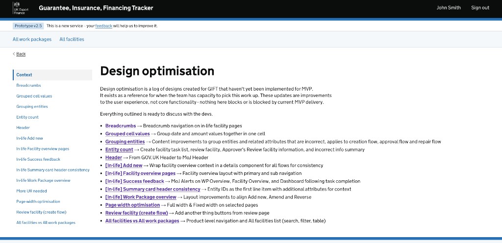 Design optimisation log in the GIFT prototype listing deferred UX improvements