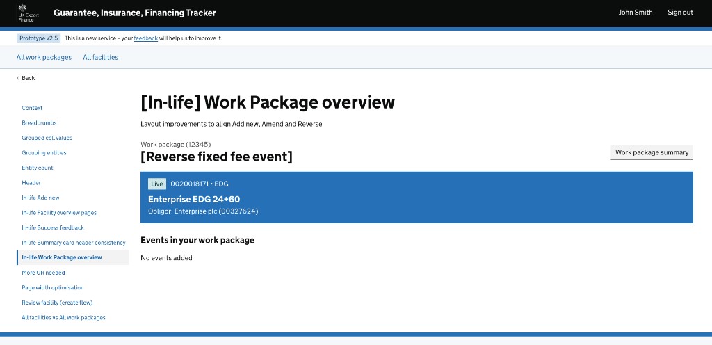 In-life Work Package overview with layout improvements for Add new, Amend and Reverse
