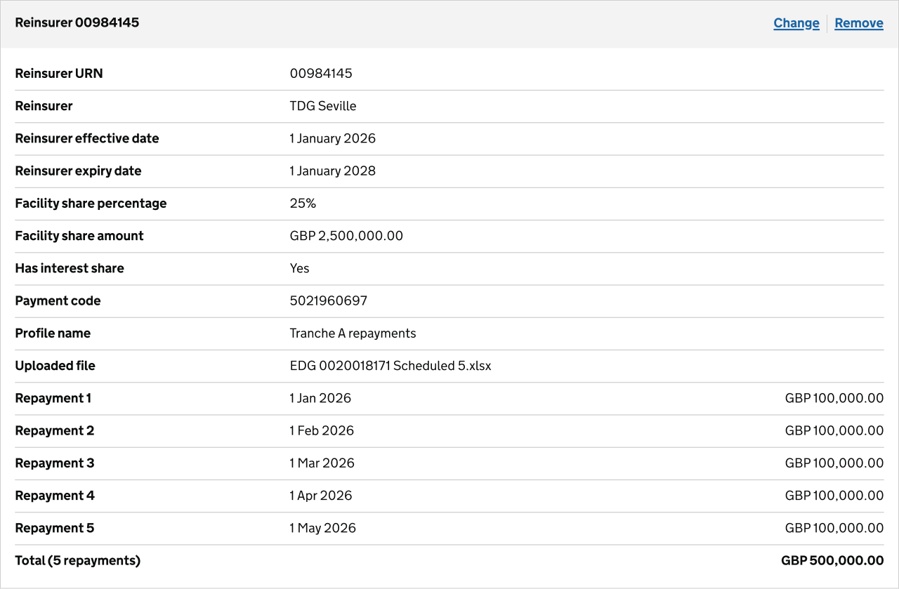 Summary card combining reinsurer details and associated repayments.